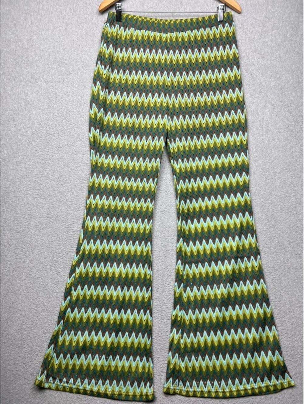 Chevron Crochet Knit Flare Pants L Zig Zag Green Boho Festival Beach Pull On New